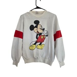Vintage Disney Wear Mickey Mouse Sweatshirt Off White Red Sleeve Stripe Mens L